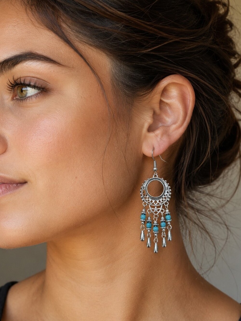 Turquoise Silver Tone Boho Earrings